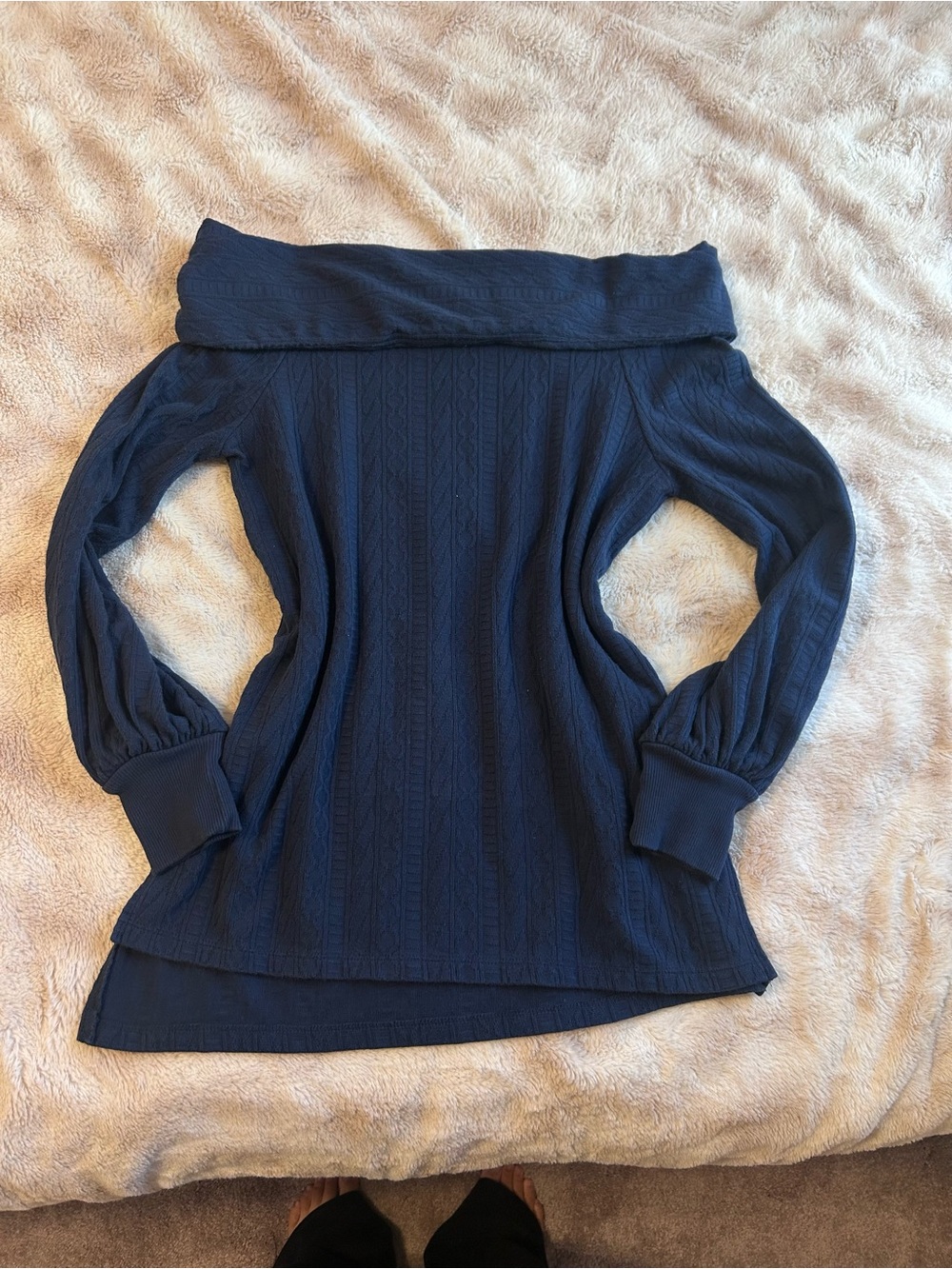 Anthropologie Classic Off-the-Shoulder Cable Knit Sweater - Navy